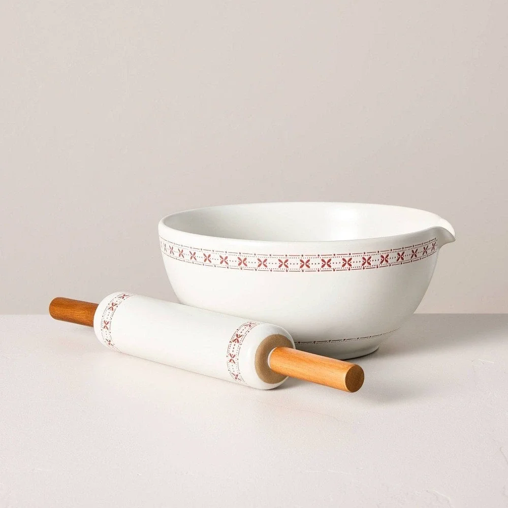 Christmas 2pc Mixing Bowl & Rolling Pin Set Cream/Red - Hearth & Hand Magnolia